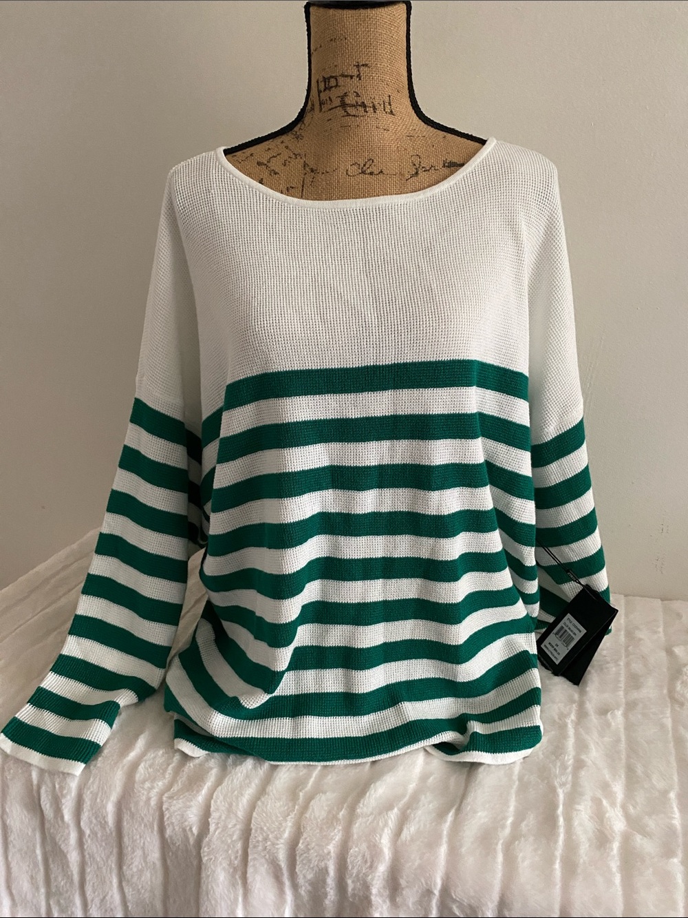 Cyrus White and Green Striped Knit Pullover Sweater